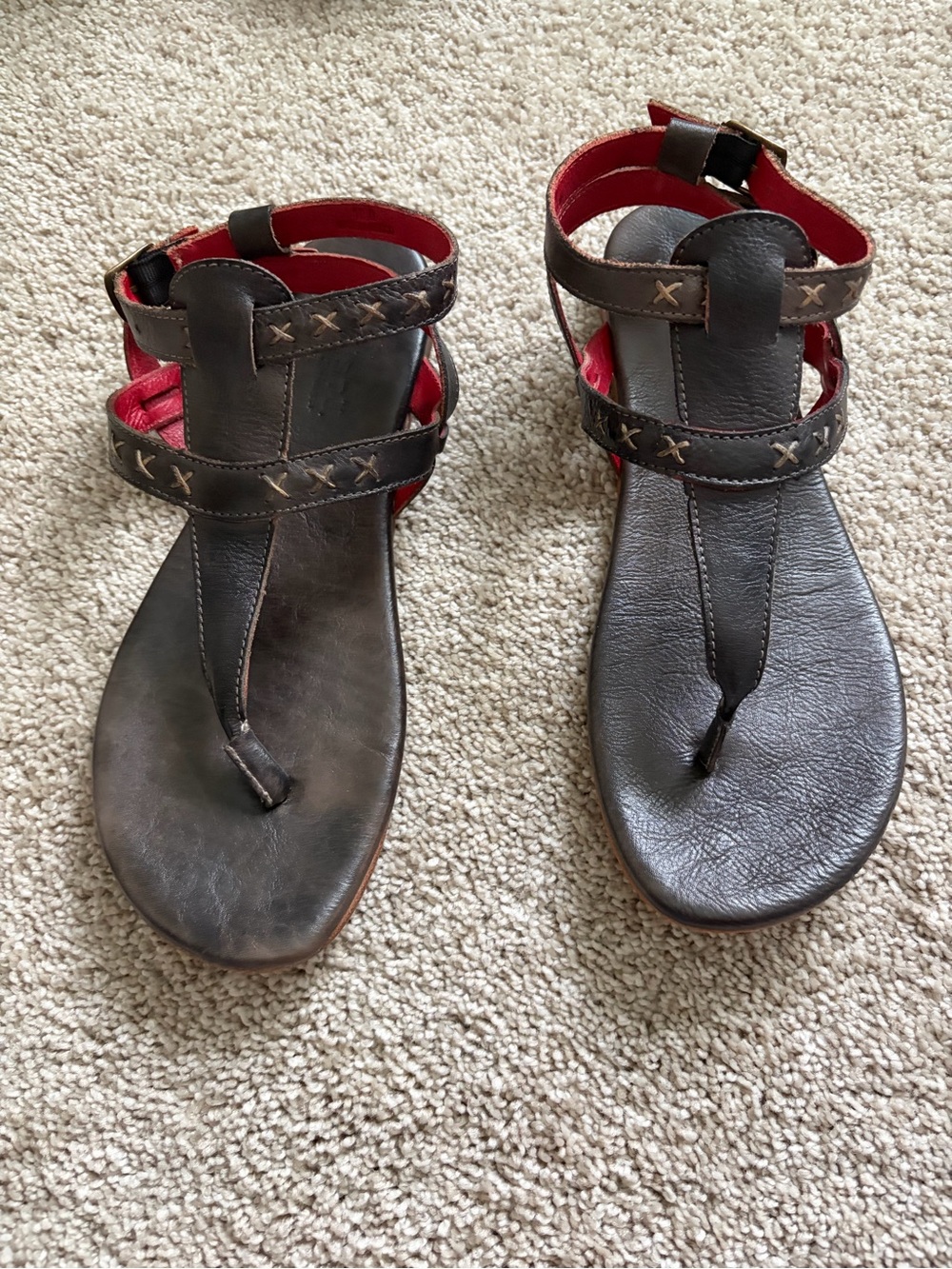 Bed Stu Black Rustic Moon Ankle Strap Sandal with Red leather Lining
